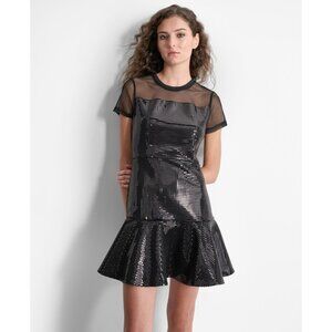 DKNY Women's Sequin Ruffled-Hem Mini Dress Black Size 16 MSRP $199